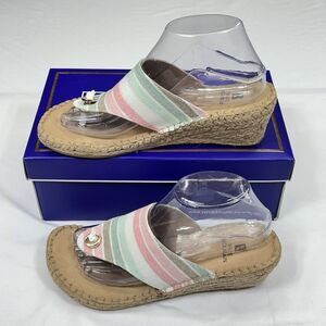 White Mountain Beachball Sandals 8.5 Stripe Wedge Espadrille Thong Flip Flop